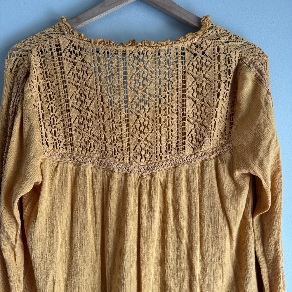 American Eagle Yellow Lace Inset Long Sleeve Boho Tunic Blouse Size Small - Picture 7 of 9